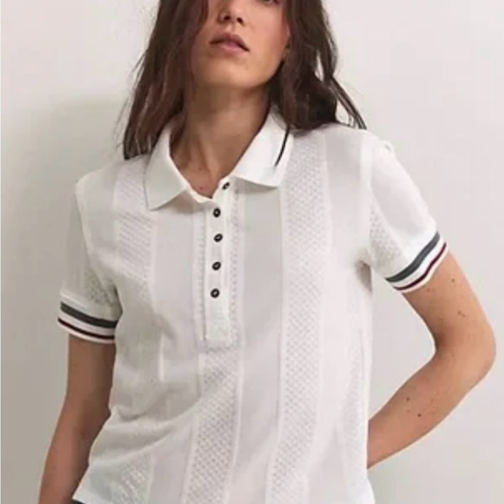 We The Free White Short-Sleeve Polo with Red and Gray Stripe Trim